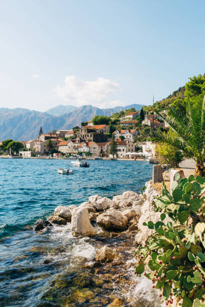 perast skalista linia brzegowa ze starymi domami. czarnogóra - kotor zdjęcia i obrazy z banku zdjęć