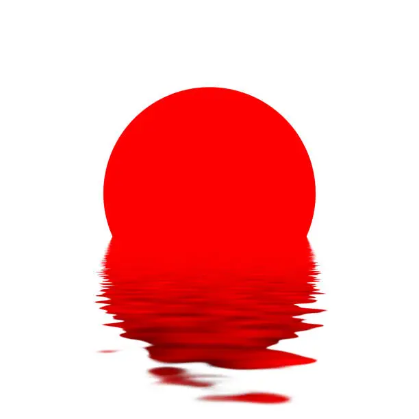 Photo of Symbol of Japan, land of rising sun. Red sun sunrise sunset in the water, reflection of the red Japan sun in sea sunset ocean