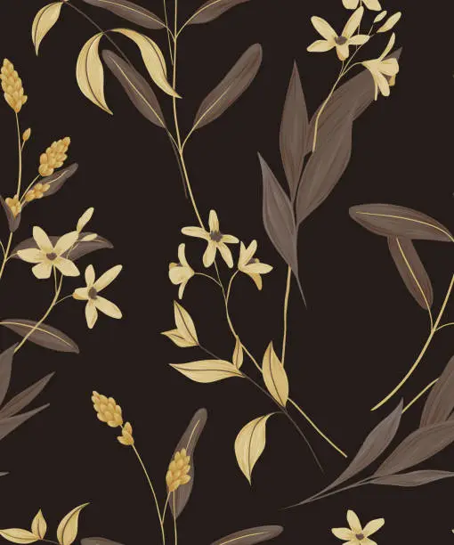 Vector illustration of Seamless pattern with vintage wildflowers in brown colors. Monochrome floral print with small flowers, various leaves and twigs on a dark background. Elegant floral finish. Vector.
