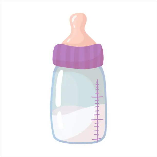 Vector illustration of Baby bottle with a pacifier. Baby food. Artificial feeding of newborns. Vector illustration isolated on white background.