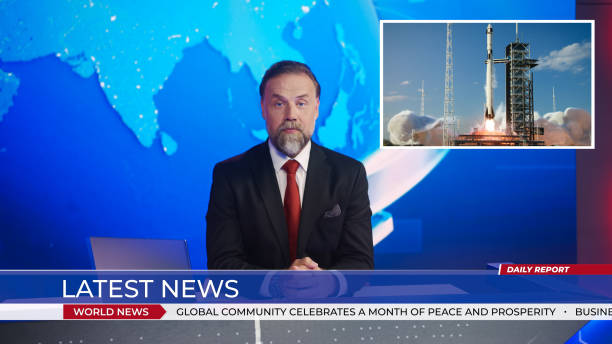 istock Live News Studio with Anchor Reporting on a Successful Rocket Launch, Video Montage Shows Space Ship Taking off. Space Exploration. Mock-up TV Channel 1354865961