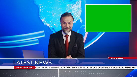 Live News Studio with Handsome Male Newscaster Reporting on a Story, Uses Green Chroma Key Screen Placeholder Copy Space. Television Newsroom Channel with Professional Presenter, Anchor Talking