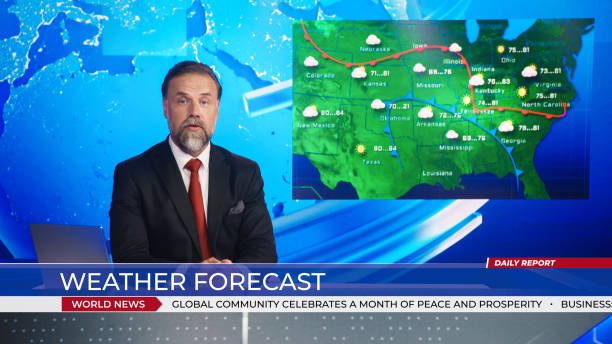 live news studio professional anchor reporting on weather forecast. weatherman, meteorologist, reporter in television channel newsroom with video screen showing weather synoptic map chart for u.s. - weather meteorologist meteorology symbol imagens e fotografias de stock