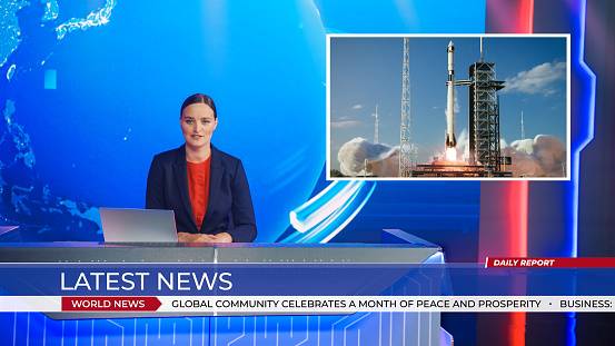 Live News Studio with a Beautiful Female Anchor Reporting on a Successful Rocket Launch, Montage Shows Space Ship Taking off. Space Exploration. Mock-up TV Channel