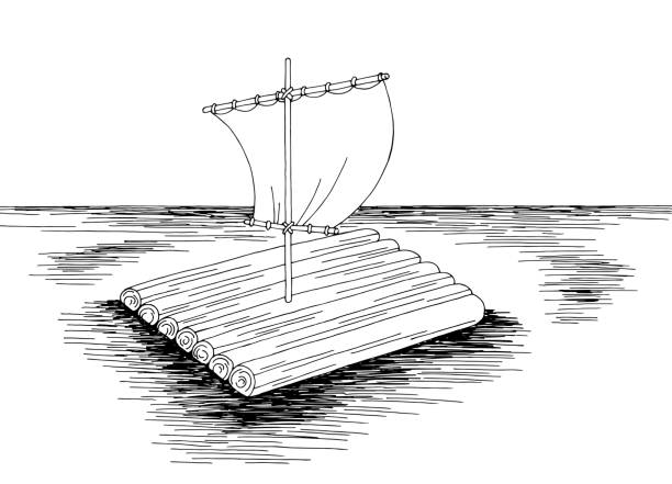 illustrazioni stock, clip art, cartoni animati e icone di tendenza di zattera mare grafico bianco bianco schizzo marino illustrazione vettoriale - wooden raft illustrations