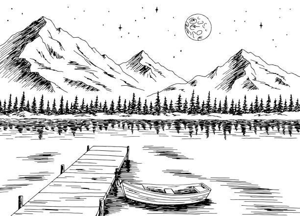 ilustrações de stock, clip art, desenhos animados e ícones de lake boat graphic black white night mountain landscape sketch illustration vector - russia river landscape mountain range