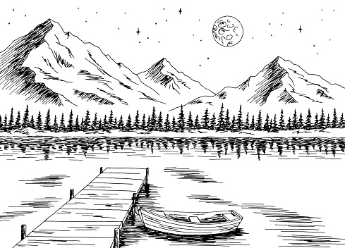 Lake boat graphic black white night mountain landscape sketch illustration vector