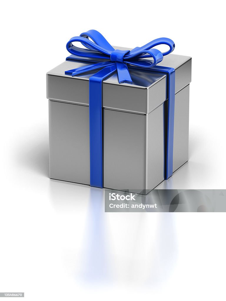 Elegant Giftbox An elegant metallic gift box with blue ribbon isolated on white background. Clipping path included. Gift Box Stock Photo