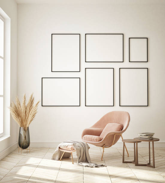 istock mock up poster frame in modern interior background, living room, Scandinavian style, 3D render, 3D illustration 1354869101