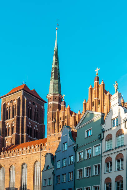 Old town of Gdansk (Srodmiescie historic district) - st. Mary's church (Bazylika Mariacka Wniebowzięcia Najświętszej Maryi Panny w Gdańsku) and old buildings facades. Blue cloudless sky on the background.