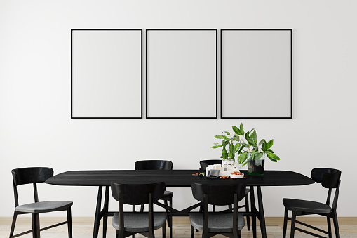 mockup poster frame in modern interior background, living room, Scandinavian style, 3D render, 3D illustration
