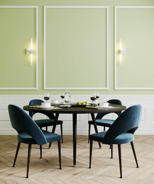 istock Dining room with blue chairs and lamps, light green empty wall mock up, 3d rendering 1354869475