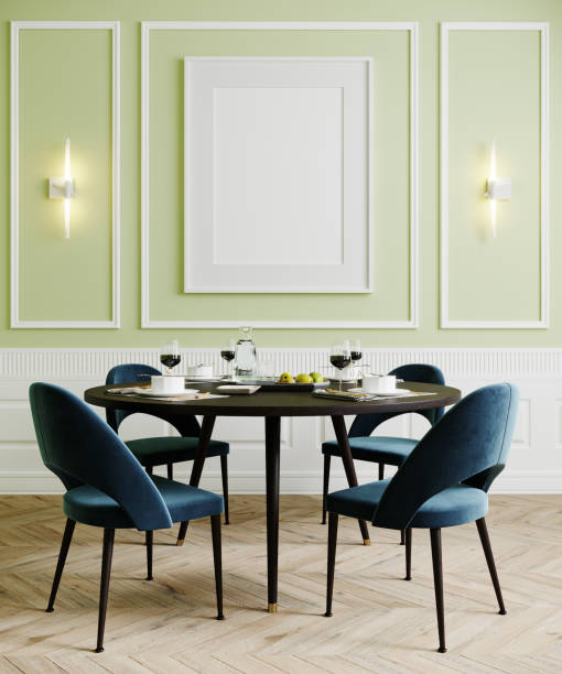 istock Dining room with blue chairs and lamps, light green empty wall mock up, 3d rendering 1354869482