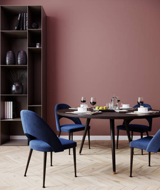 istock Salmon red interior dining room with blue chairs, poster mock up, 3d rendering 1354869483