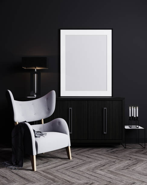 istock Picture mockup with black vertical frame on dark wall. Stylish dark interior with decor and wooden cupboard and blanket picture and armchair. Poster mockup. Minimalist modern interior design. 3D illustration. 1354869492