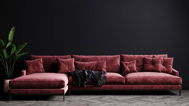 istock Home interior, luxury modern dark living room interior, black empty wall mock up with red sofa, 3d render 1354869505