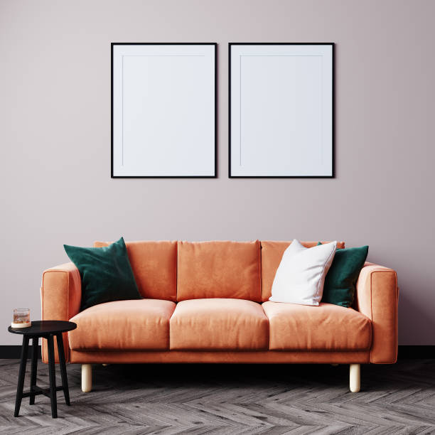 istock Minimal living room design, orange sofa in empty modern background, 3d render 1354869518