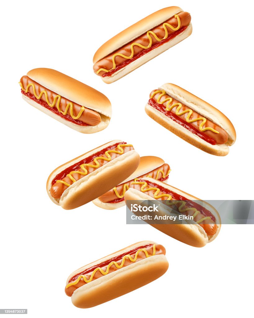 Falling HOT DOG isolated on white background, clipping path, full depth of field Hot Dog Stock Photo