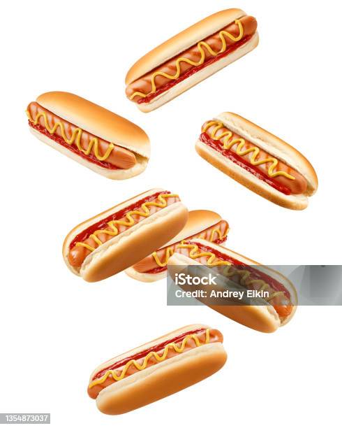 Falling Hot Dog Isolated On White Background Clipping Path Full Depth Of Field Stock Photo - Download Image Now