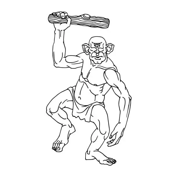 Vector illustration of Aggressive one-eyed Cyclops with a wooden club. Ancient Greek mythological monster.