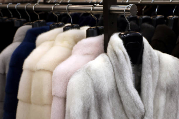 Fur coats in a row on a hanger in the store stock photo