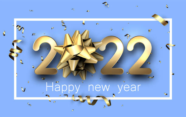 istock Golden 2022 sign with bow in square frame with serpentine. 1354876619