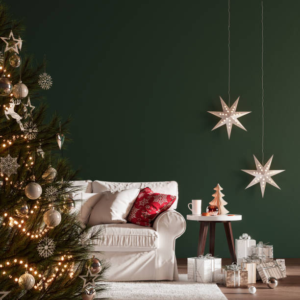 istock Christmas interior with Christmas tree and empty green wall background 1354876716