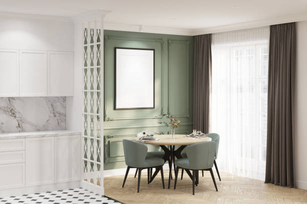 Modern classic dining room with a blank vertical poster on the green classic wall, round table with chairs near a large window with curtains, white kitchen with classic decorative partition. 3d render shaping room stock pictures, royalty-free photos & images