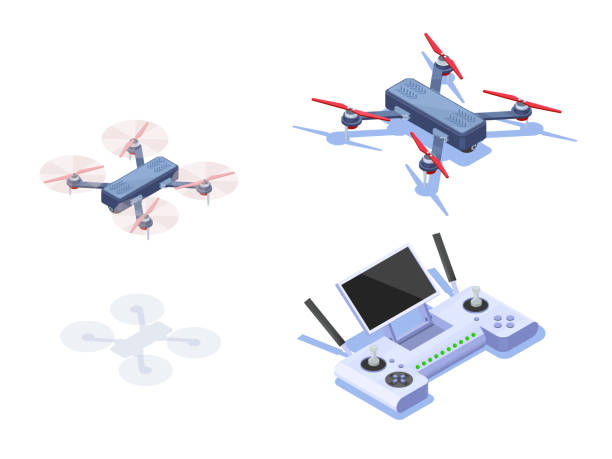 landing drone and remote control to it. Modern isometric vector illustration. Isometric concept. Realistic isometric illustration of flying drone with shadow, landing drone and remote control to it. Modern isometric vector illustration. Isometric concept. Illustration on white background. drone illustrations stock illustrations