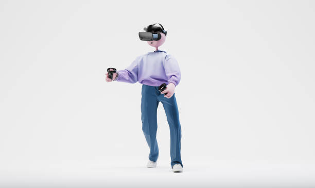 istock Awesome Travor standingr with hand controllers and a VR helmet. Online gaming concept. Highly detailed fashionable stylish abstract character. 3d rendering 1354878018