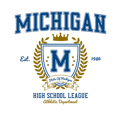 Michigan college style t-shirt design with shield, ribbon, crown and laurel wreath. Typography graphics for athletic tee shirt. Original sportswear print. Vector illustration.