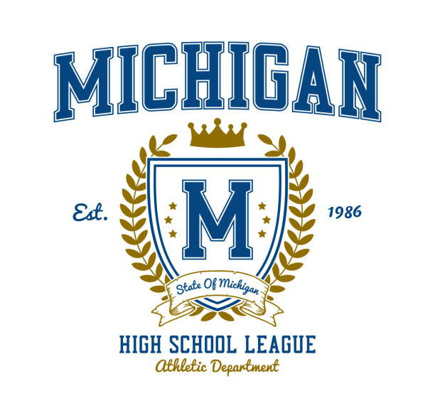 Michigan college style t-shirt design with shield, ribbon, crown and laurel wreath. Typography graphics for athletic tee shirt. Original sportswear print. Vector Michigan college style t-shirt design with shield, ribbon, crown and laurel wreath. Typography graphics for athletic tee shirt. Original sportswear print. Vector illustration. midwestern state university stock illustrations