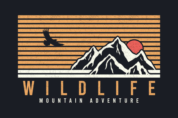 Mountain typography graphics for slogan tee shirt with eagle, sun and stripes. Mountain adventure print for apparel, t-shirt design with grunge. Wildlife slogan. Vector Mountain typography graphics for slogan tee shirt with eagle, sun and stripes. Mountain adventure print for apparel, t-shirt design with grunge. Wildlife slogan. Vector illustration. striped shirt stock illustrations