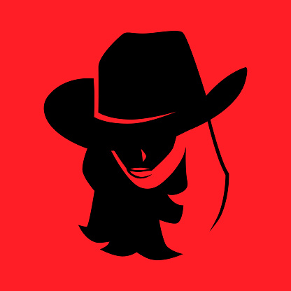 Cowgirl portrait symbol. Black symbol on red backdrop. Design element