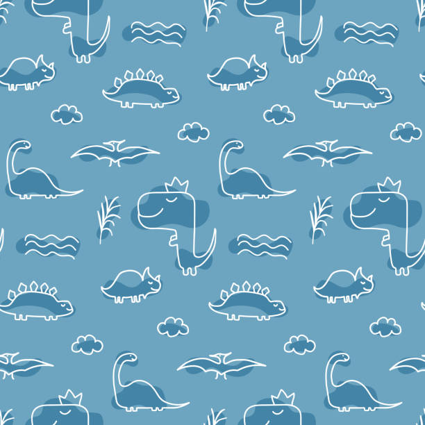 Seamless Pattern With Dinosaurs For Baby Fabric Textile Baby Wallpaper  White Lines Doodle On A Blue Background Stock Illustration - Download Image  Now - iStock
