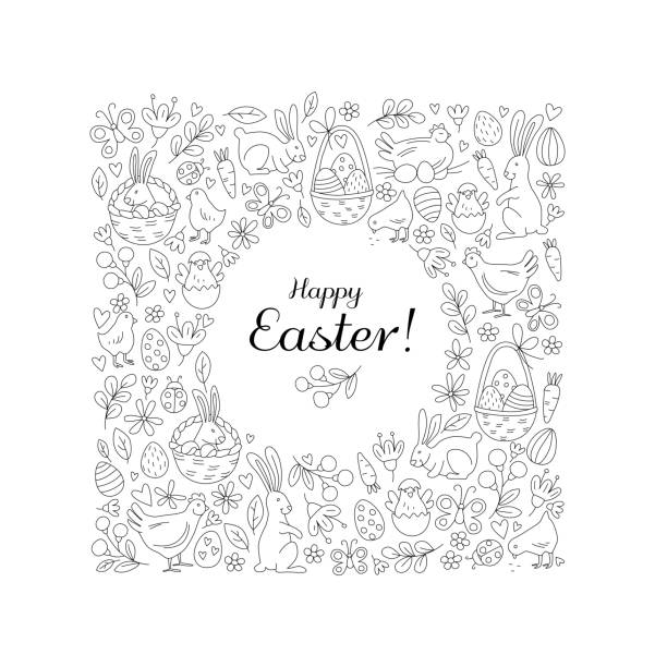 illustrazioni stock, clip art, cartoni animati e icone di tendenza di divertente happy easter senza cuciture sfondo sfondo biglietto di auguri - rabbit easter flower frame