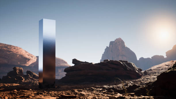 istock Surreal mountains landscape of Mars with silver cube. Minimal abstract background. 3d rendering 1354880087