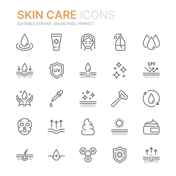 koleksi ikon garis besar terkait perawatan kulit. 48x48 pixel sempurna. goresan yang dapat diedit - kulit manusia ilustrasi stok