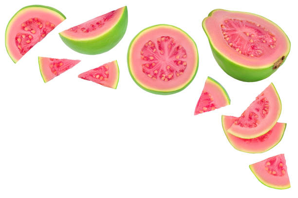 istock Guava fruit with slices isolated on white background. Top view with copy space for your text. Flat lay 1354884486