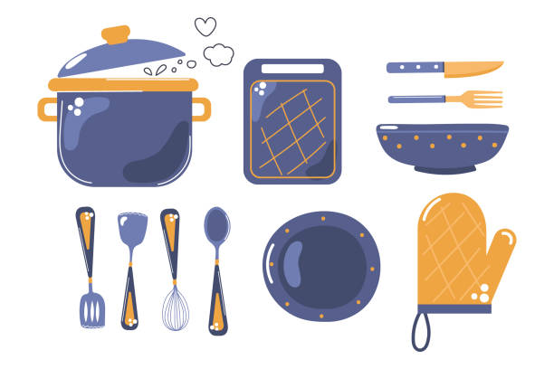 Set of cooking utensils, kitchen, dishes. Flat vector illustration. Set of cooking utensils, kitchen, dishes. Flat vector illustration. dishset stock illustrations