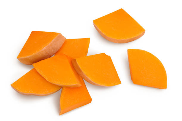 butternut squash slice isolated on white background with clipping path and full depth of field. Top view. Flat lay.