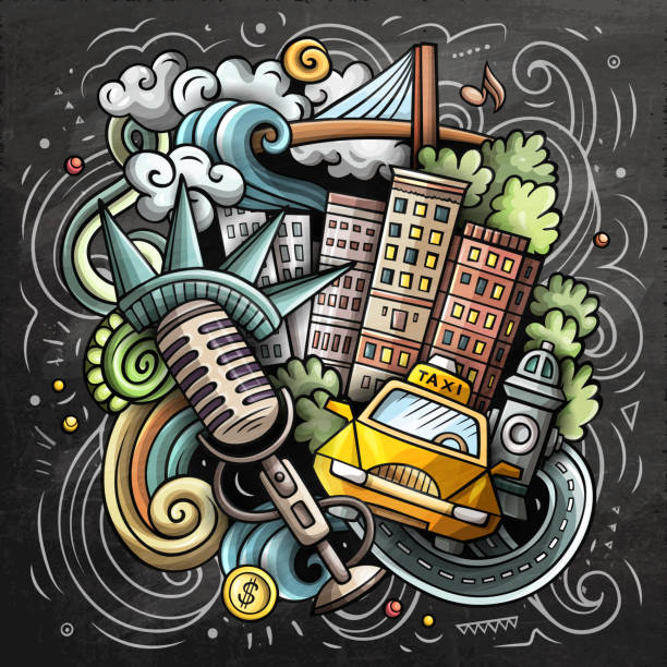 illustrazioni stock, clip art, cartoni animati e icone di tendenza di new york cartone animato vettoriale doodle illustrazione lavagna - brooklyn bridge taxi new york city brooklyn