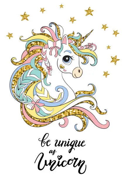 Vector illustration of Happy cartoon unicorn vector illustration golden colors