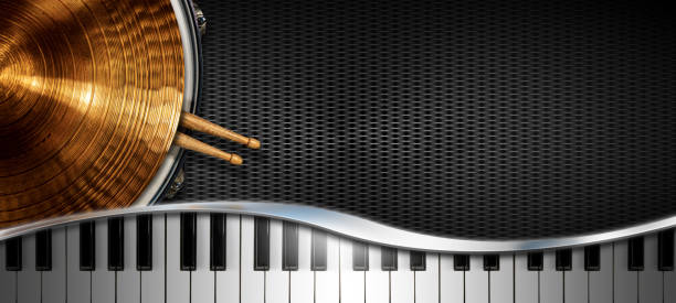 fundo de instrumentos musicais sobre fundo negro com espaço de cópia - piano piano key orchestra close up - fotografias e filmes do acervo