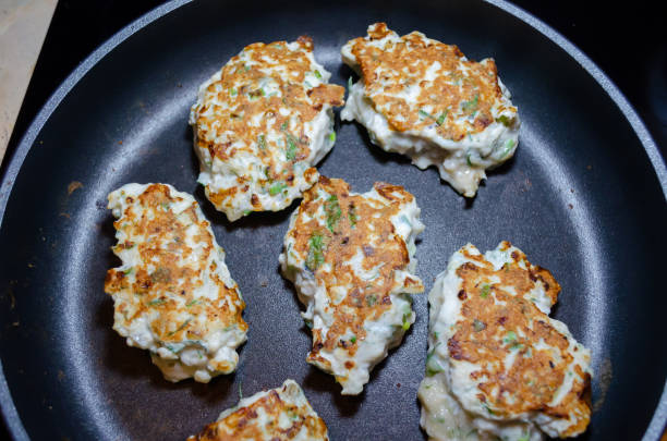 istock fried chicken mince patties with green on the pan top view 1354889992