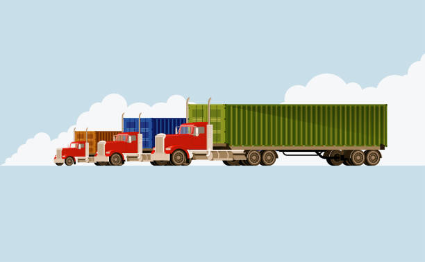 realistyczna ilustracja wektorowa dużego pojazdu ciężarowego, l naczepy, kontenerowa przyczepa towarowa - truck semi truck car transporter vehicle trailer stock illustrations