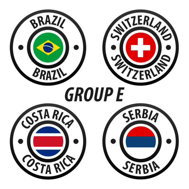 러시아에서 열린 축구 세계 선수권 그룹 e. 축구 월드 토너먼트 2018. 벡터 플래그 컬렉션입니다. - brazil serbia stock illustrations