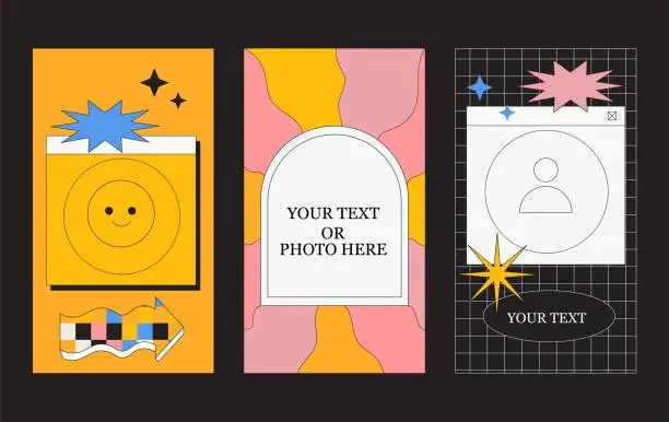 Vector illustration of Instagram story background collection with place for photo or text. Creative vertical banner with geometric abstract trendy shapes perfect for social media or web advertisement design.