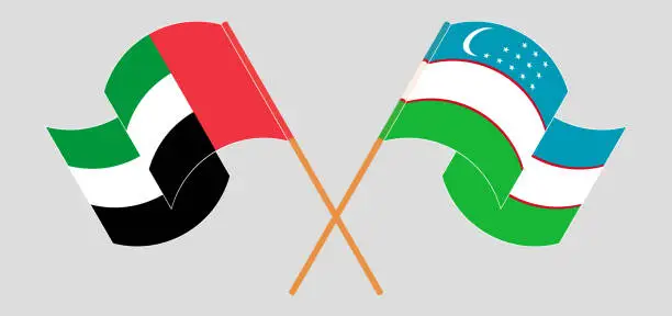 Vector illustration of Crossed and waving flags of the United Arab Emirates and Uzbekistan