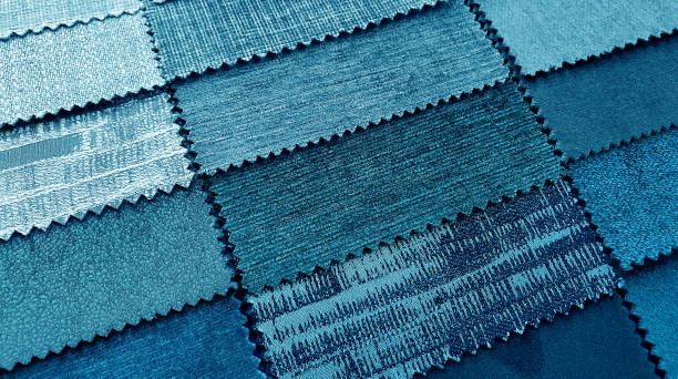interior luxury fabric sample chart showing multi texture ,pattern and color of fabric in blue, cyan color tone. interior drapery ,upholstery or curtain samples palette.
